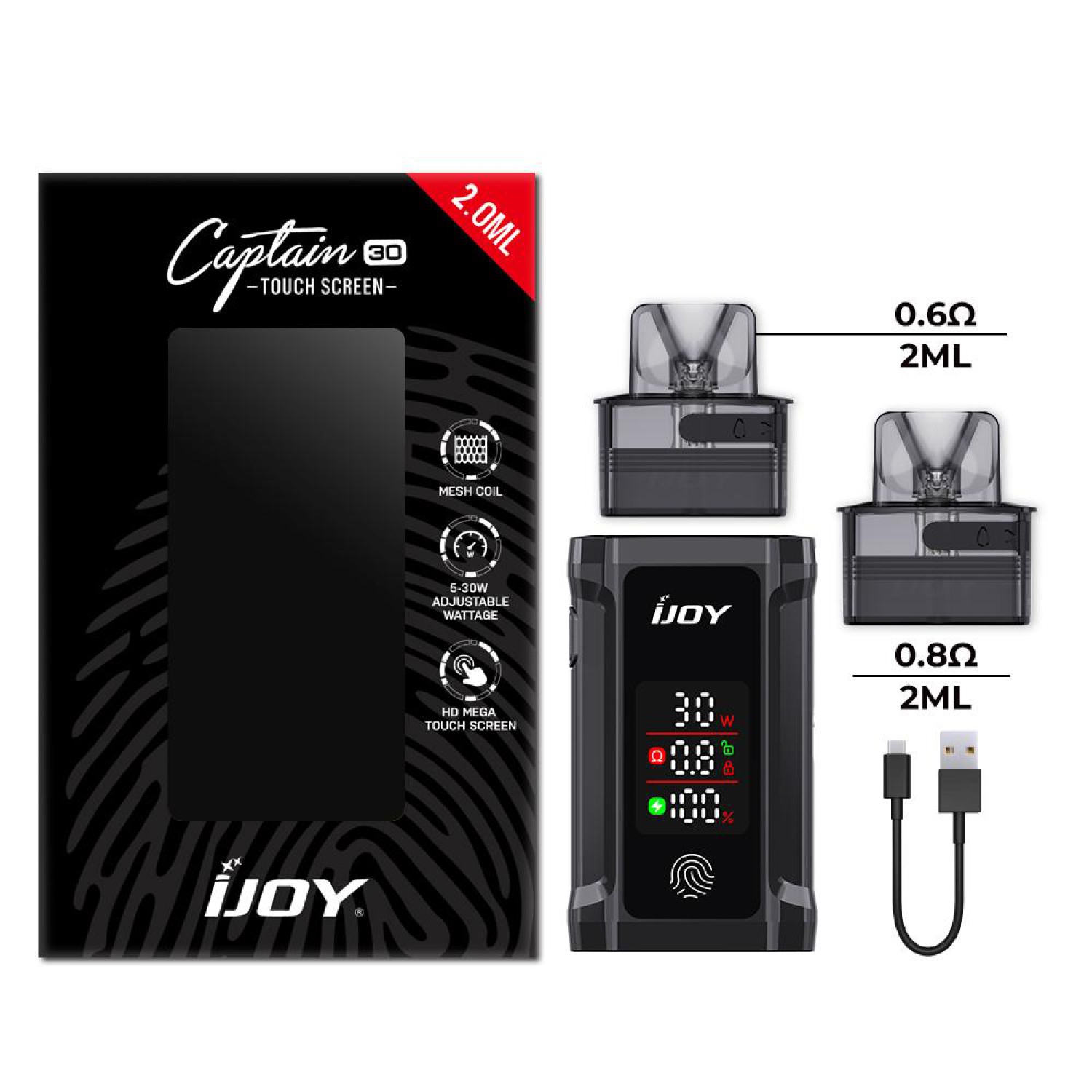 IJOY Captian 30 Kit " Schwarz" 1050 mAh mit 2x Pod, 1x USB Kabel & 1x Halsband  