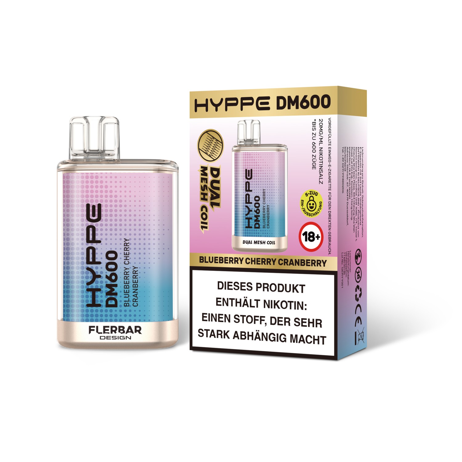 Hyppe Dm600 " Blueberry Cherry Cranberry " Einweg E-Zigarette 600 Zuge 20mg 