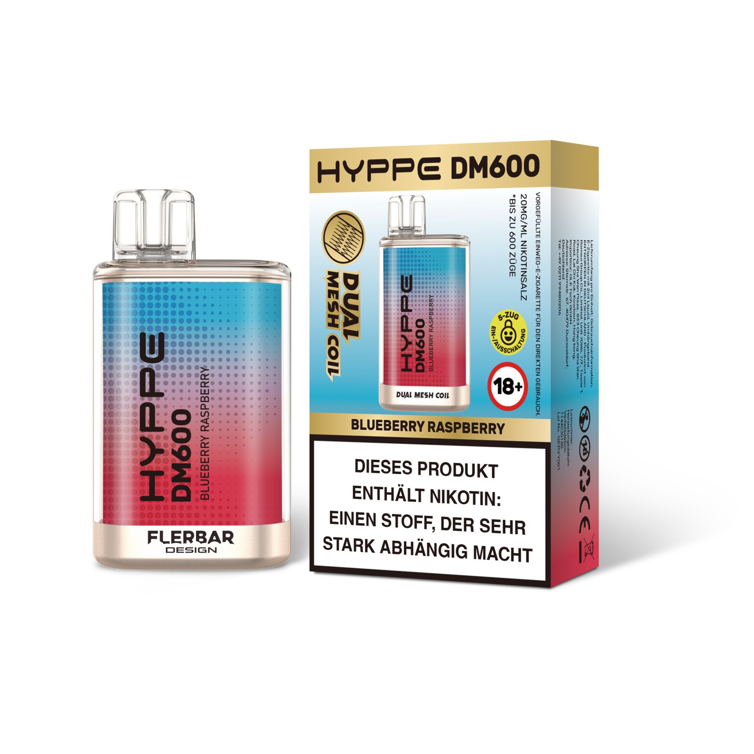 Hyppe DM600 " Blueberry Raspberry "  Einweg E-Zigarette 600 Zuge 20mg 