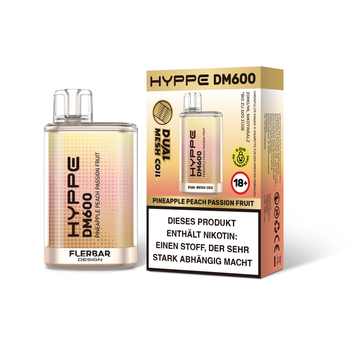 Hyppe DM600 " Pinneapple Peach Passion Fruit " E-Zigarette 600 Zuge 20mg 