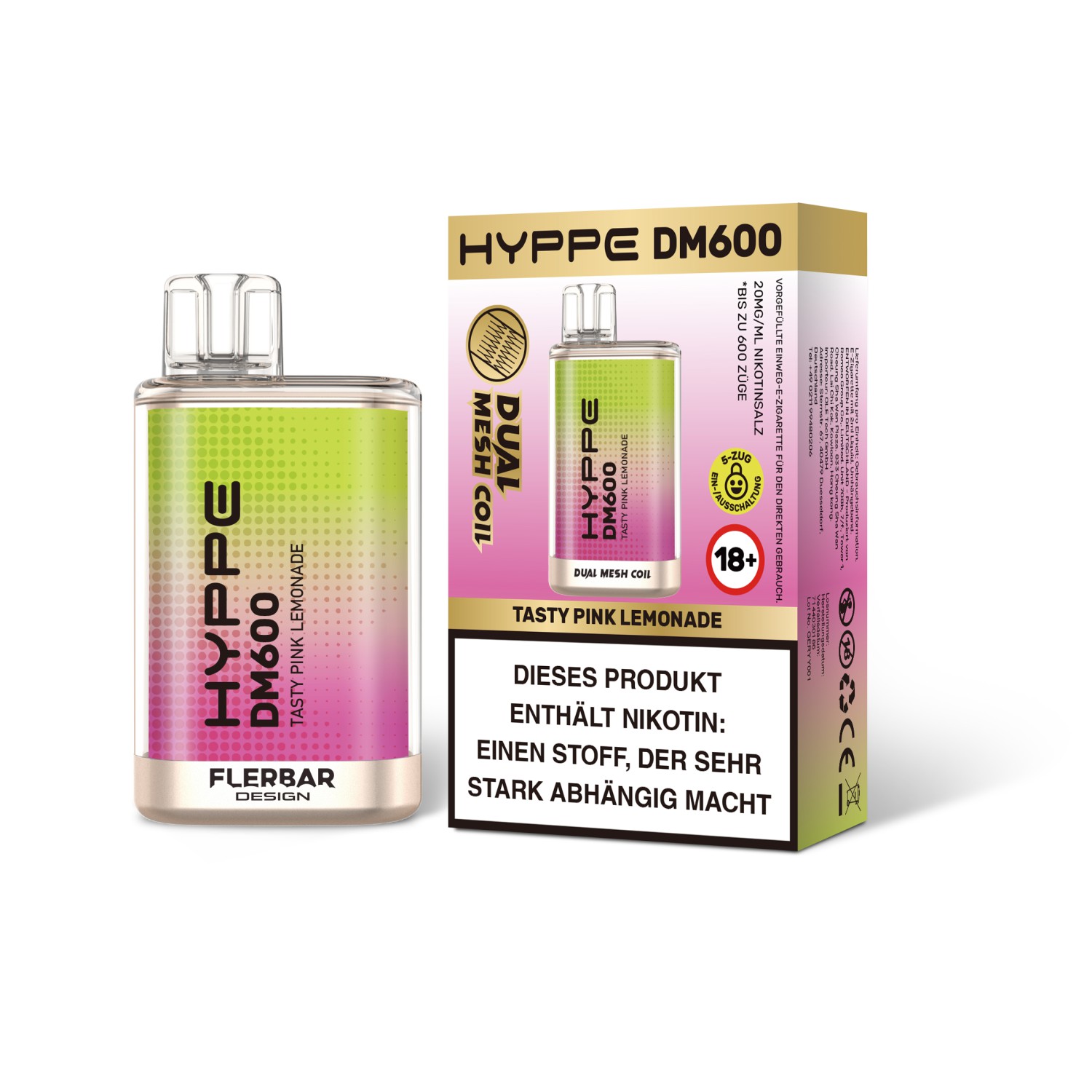 Hyppe DM600 " Tasty Pink Lemonade " Einweg E-Zigarette 600 Zuge 20mg 