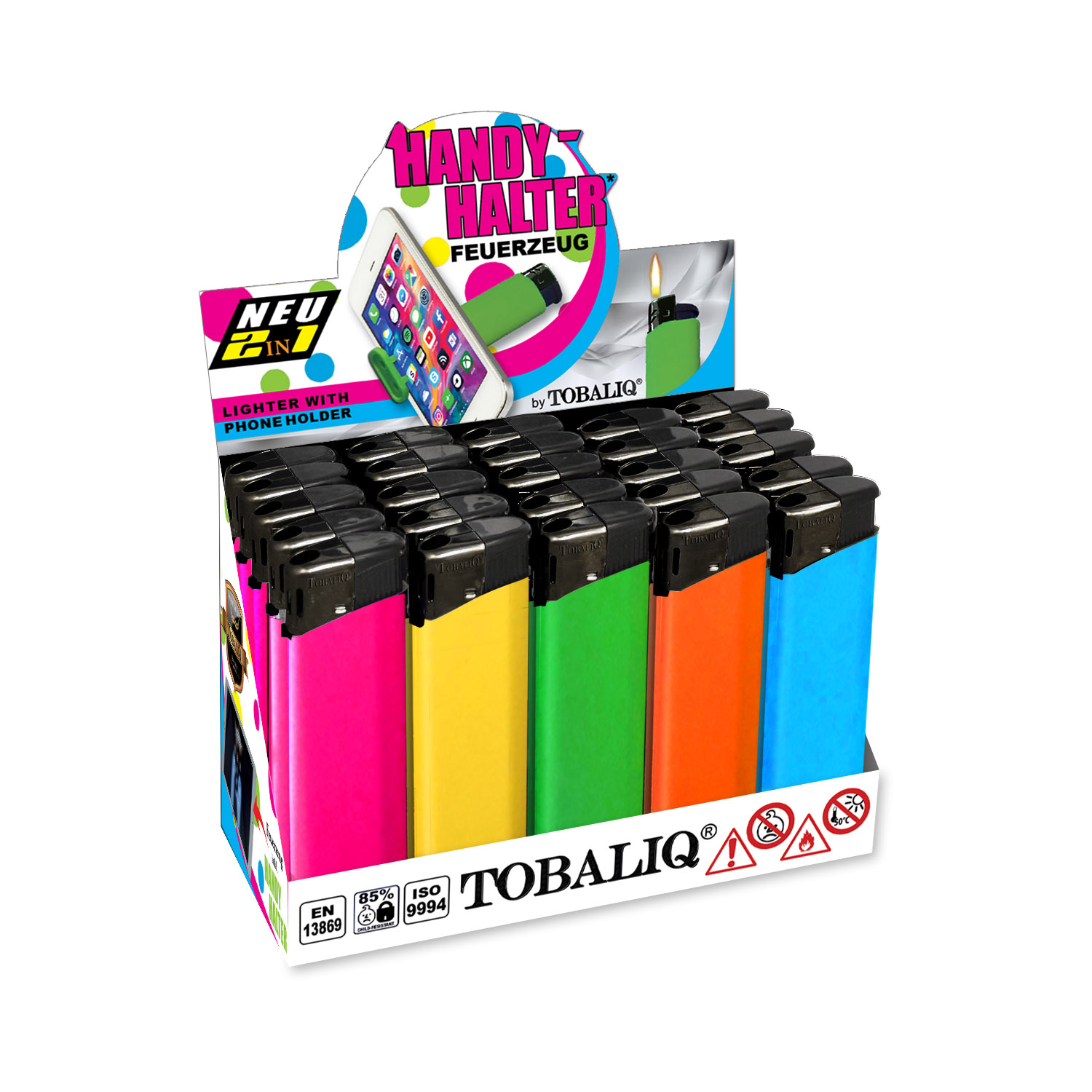 2in1 “Feuerzeuge mit HANDY HALTER” Neon Mix VE-50  2in1 “Feuerzeuge mit HANDY HALTER” Neon Mix VE-50