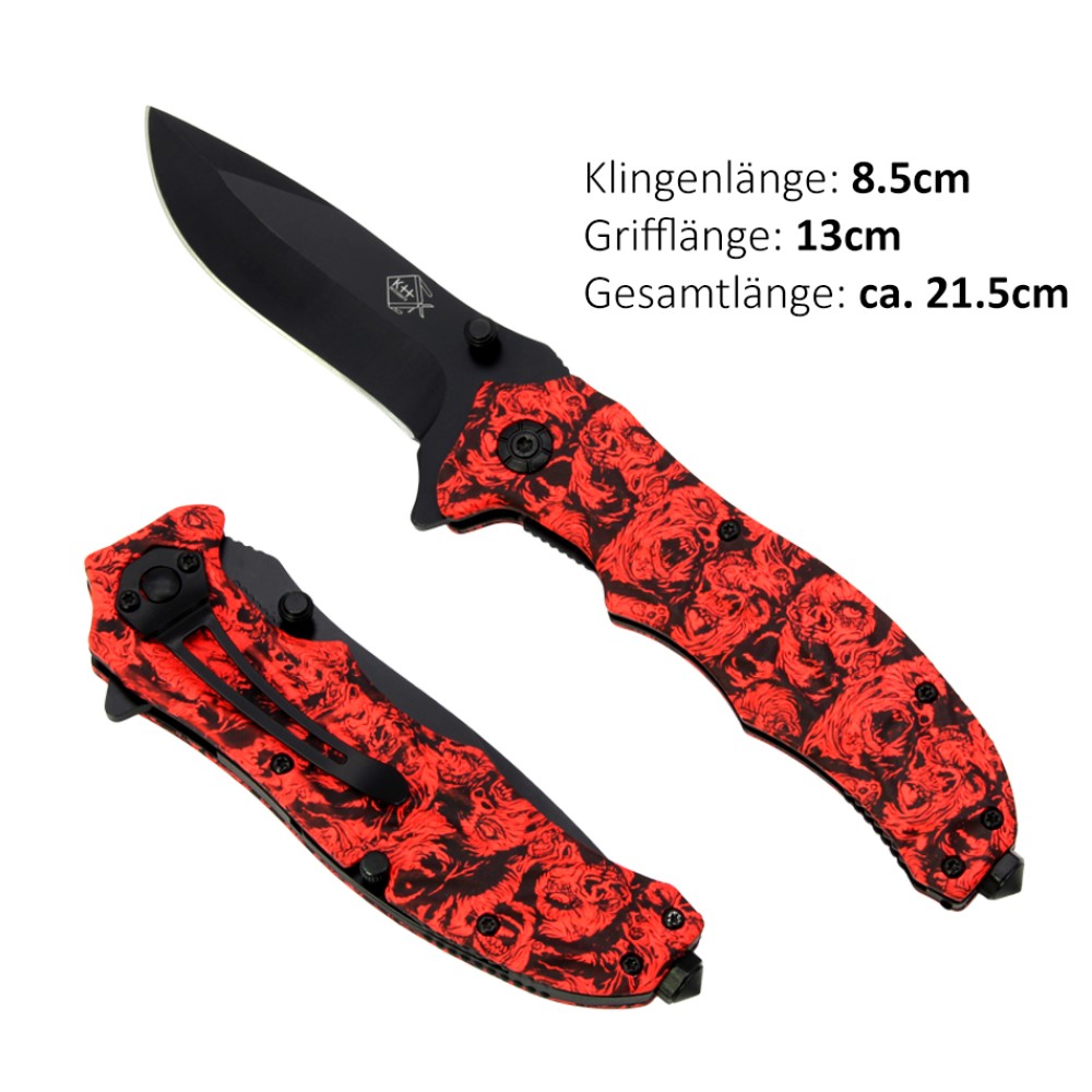 Einhandmesser "Zombie" rot | Klingenlänge: 8,5 cm, Grifflänge: 13 cm, Gesamtlänge: ca. 21,5 cm