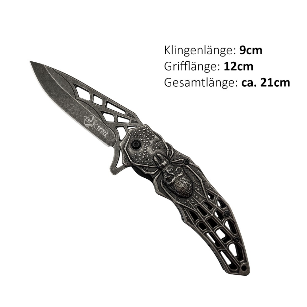 Messer Spider Schwarz | Klingenlänge: 9 cm, Grifflänge: 12 cm, Gesamtlänge: ca. 21 cm