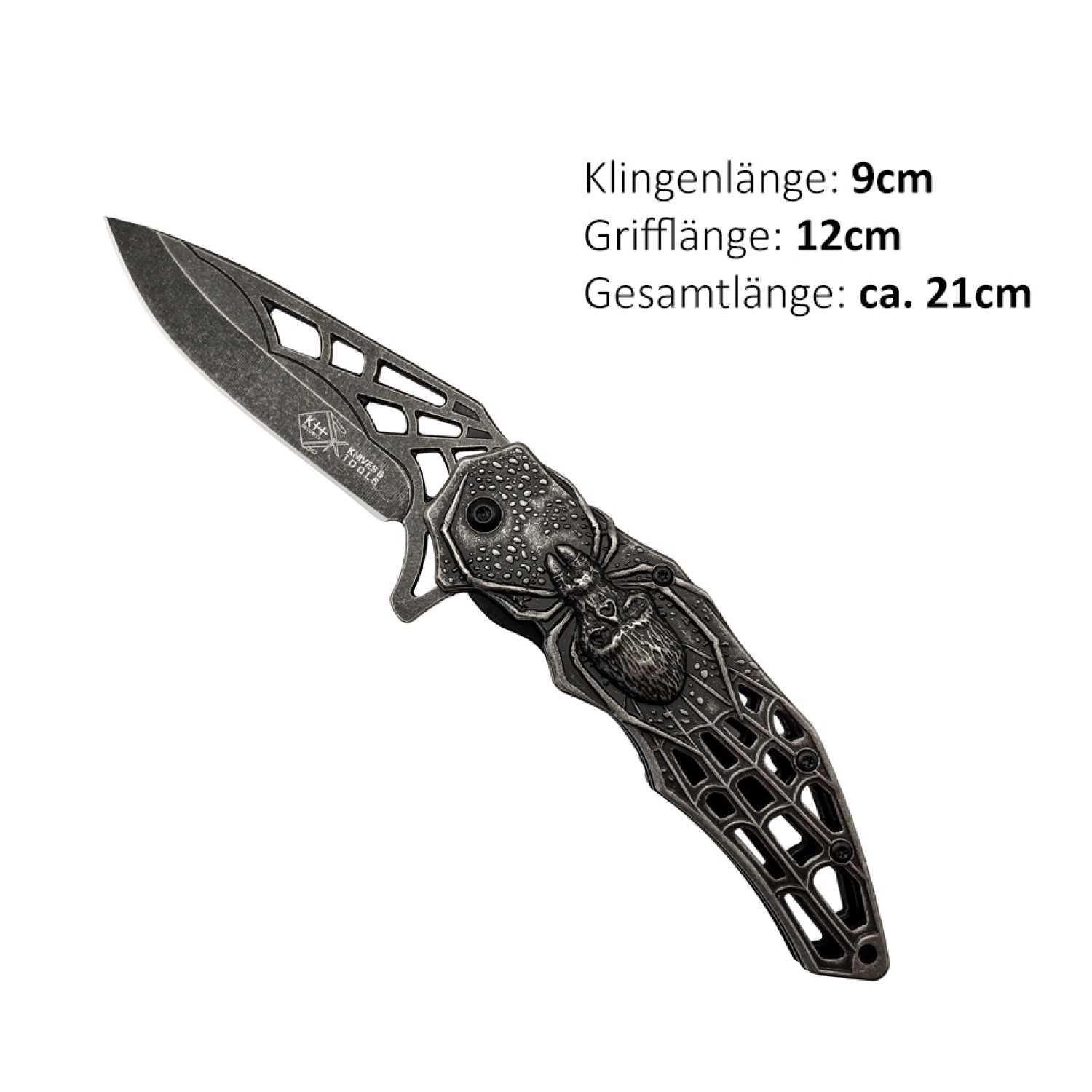 Messer Spider Schwarz | Klingenlänge: 9 cm, Grifflänge: 12 cm, Gesamtlänge: ca. 21 cm