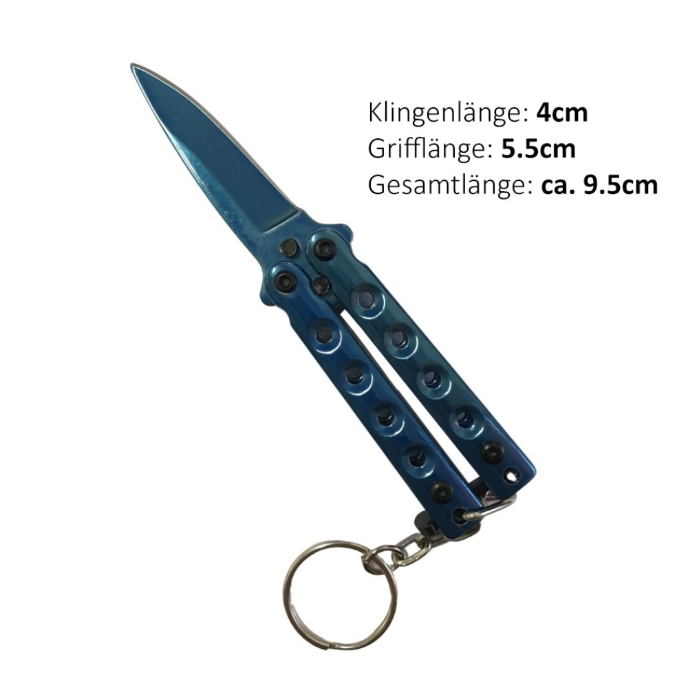 Schlüsselanhänger Butterfly Taschenmesser blau | Klingenlänge: 4 cm, Grifflänge: 5,5 cm, Gesamtlänge: ca. 9,5 cm