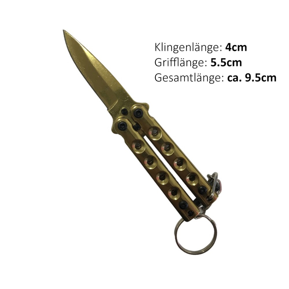 Schlüsselanhänger Butterfly Taschenmesser gold | Klingenlänge: 4 cm, Grifflänge: 5,5 cm, Gesamtlänge: ca. 9,5 cm