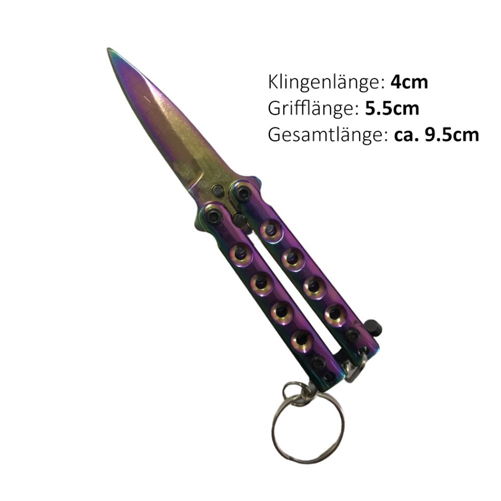 Schlüsselanhänger Butterfly Taschenmesser rainbow | Klingenlänge: 4 cm, Grifflänge: 5,5 cm, Gesamtlänge: ca. 9,5 cm