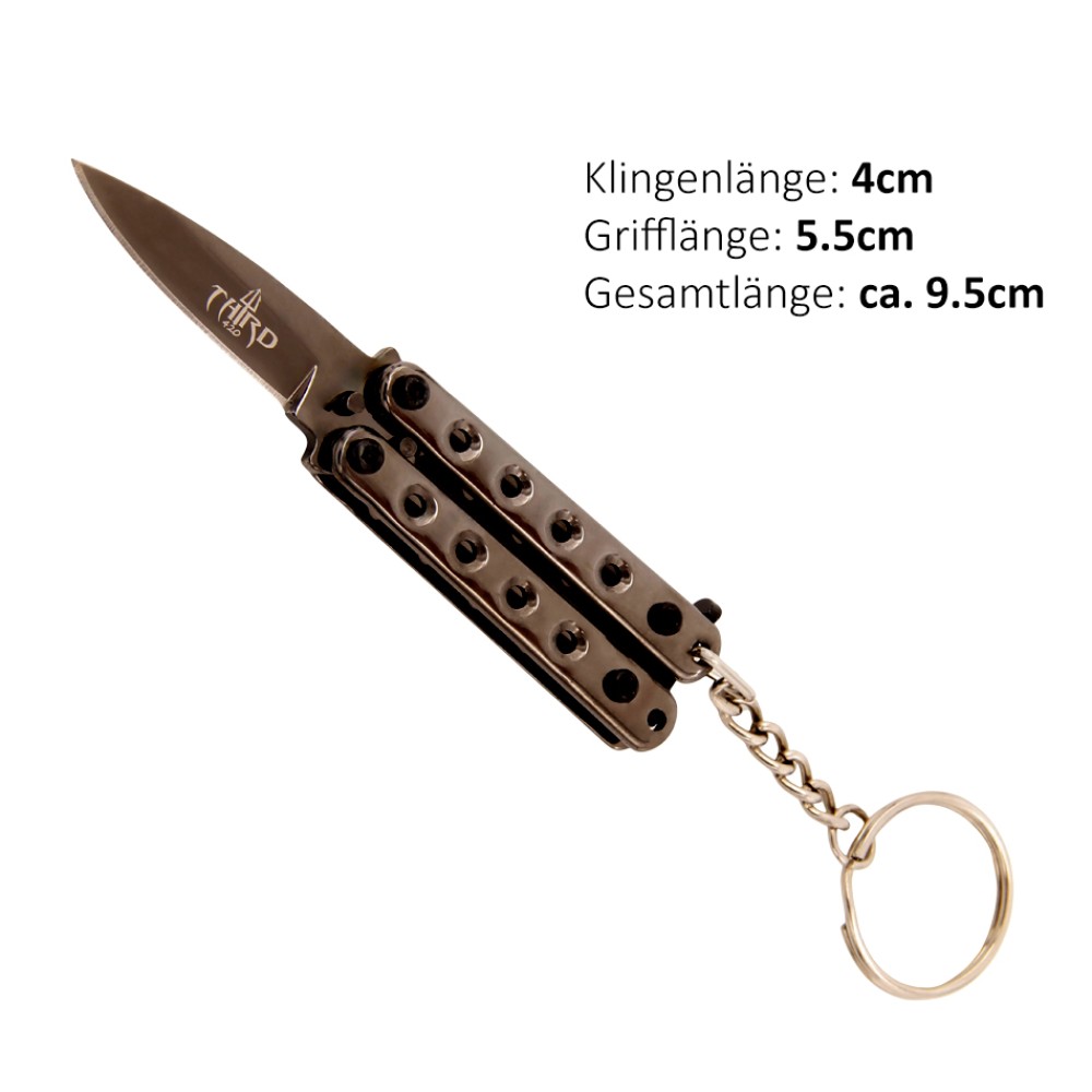 Schlüsselanhänger Butterfly Taschenmesser schwarz | Klingenlänge: 4 cm, Grifflänge: 5,5 cm, Gesamtlänge: ca. 9,5 cm