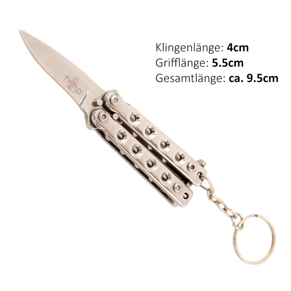 Schlüsselanhänger Butterfly Taschenmesser silber | Klingenlänge: 4 cm, Grifflänge: 5,5 cm, Gesamtlänge: ca. 9,5 cm