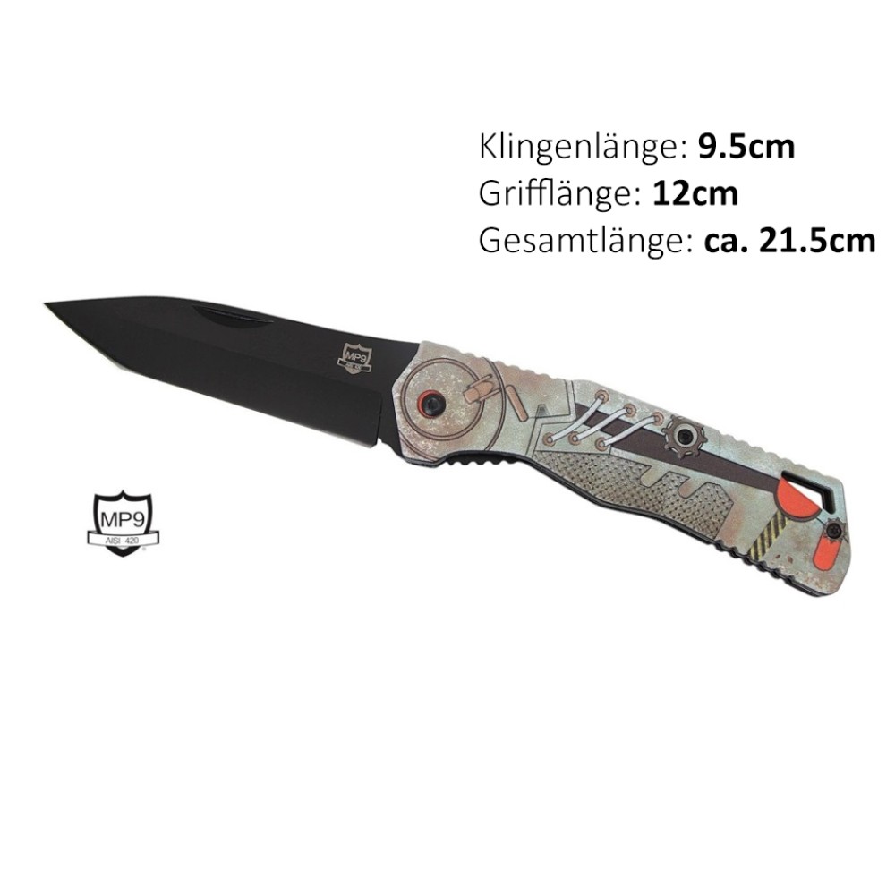 MP9 Klappmesser Steampunk | Klingenlänge: 9,5 cm, Grifflänge: 12 cm, Gesamtlänge: ca. 21,5 cm