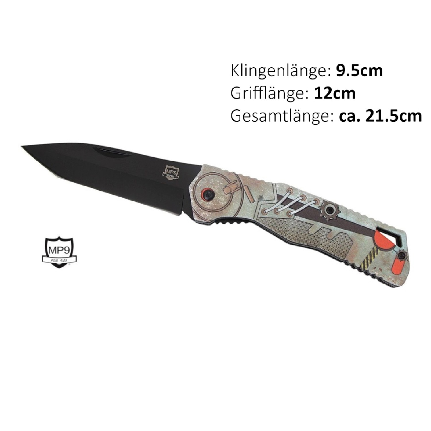 MP9 Klappmesser Steampunk | Klingenlänge: 9,5 cm, Grifflänge: 12 cm, Gesamtlänge: ca. 21,5 cm