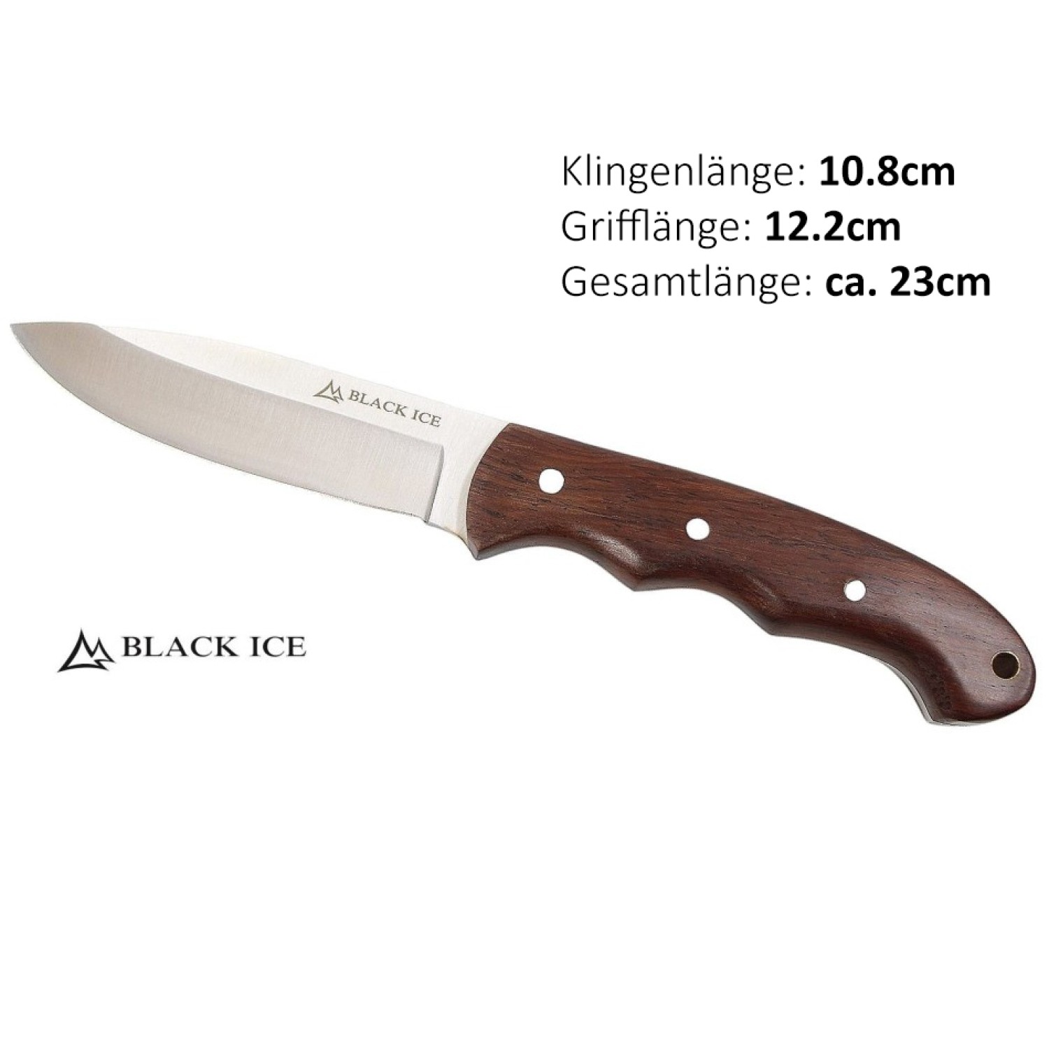Black Ice Mountain Carver m. Holzgriff und Lederscheide | Klingenlänge: 10,8 cm, Grifflänge: 12,2 cm, Gesamtlänge: ca. 23 cm