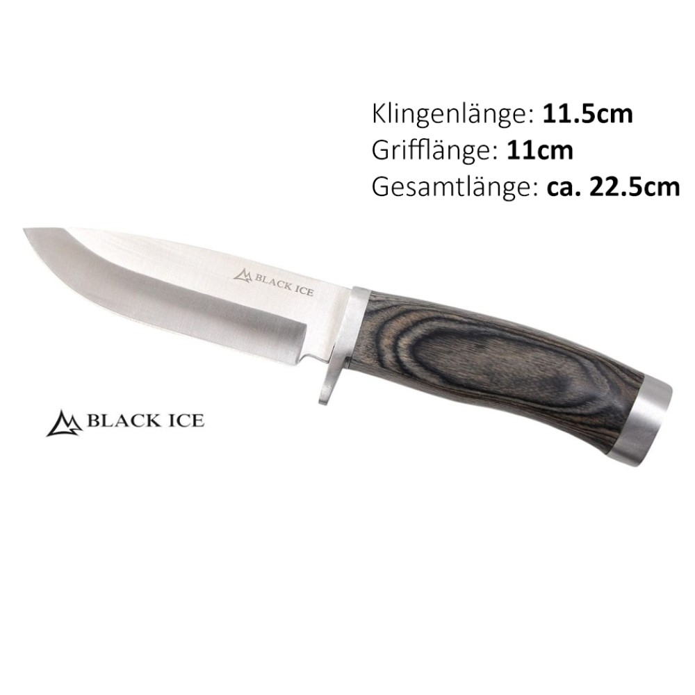 Black Ice Trail Blade m. Holzgriff und Lederscheide | Klingenlänge: 11,5 cm, Grifflänge: 11 cm, Gesamtlänge: ca. 22,5 cm