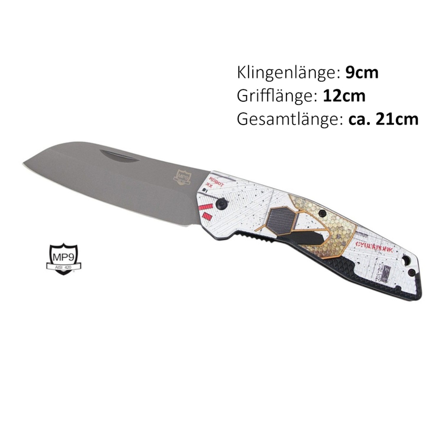 MP9 Klappmesser Cyberpunk  | Klingenlänge: 9 cm, Grifflänge: 12 cm, Gesamtlänge: ca. 21 cm