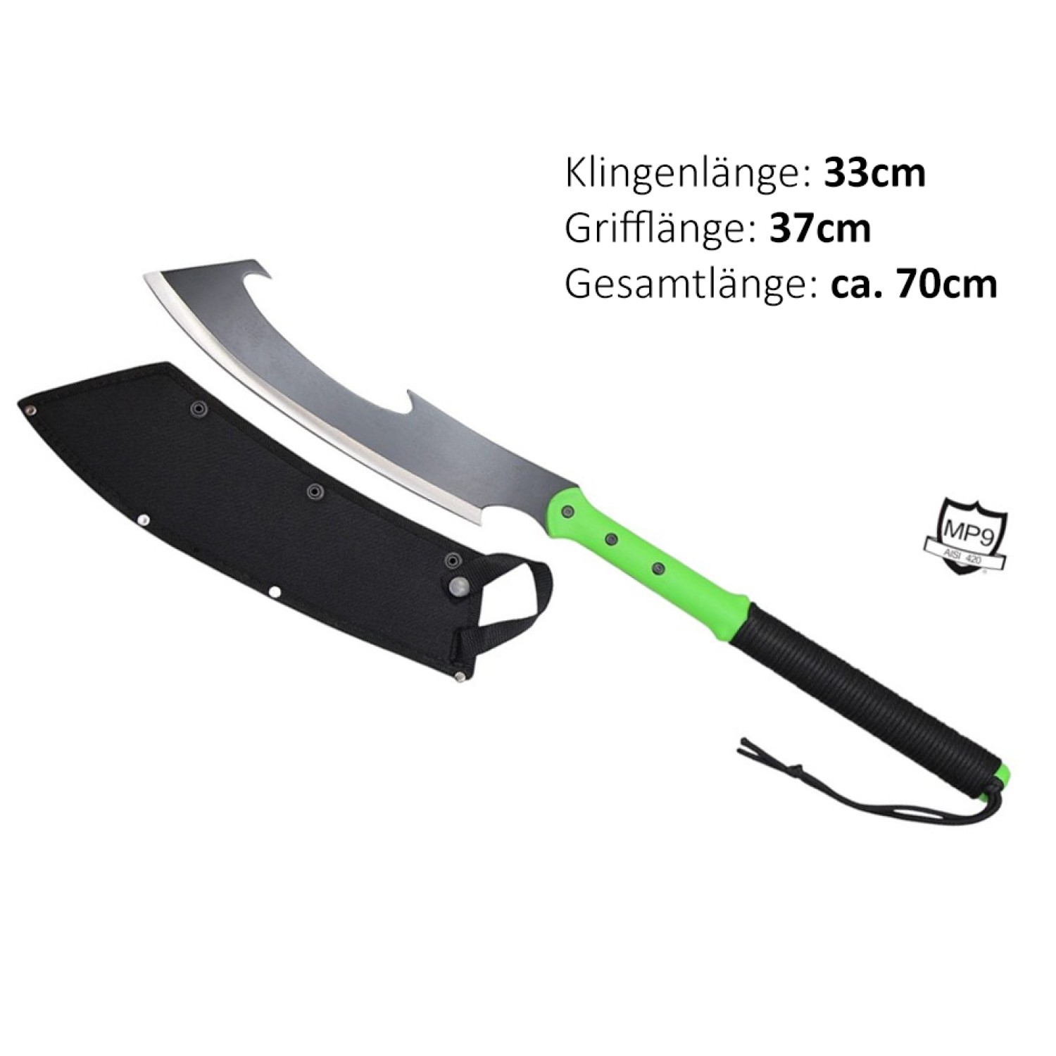 MP9 Zombie Hunting Machete | Klingenlänge: 33 cm, Grifflänge: 37 cm, Gesamtlänge: ca. 70 cm MP9 Zombie Hunting Machete | Klingenlänge: 33 cm, Grifflänge: 37 cm, Gesamtlänge: ca. 70 cm