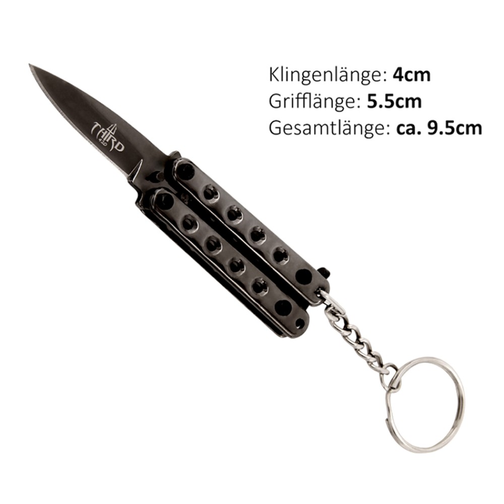 Schlüsselanhänger Butterfly Taschenmesser schwarz | Klingenlänge: 4 cm, Grifflänge: 5,5 cm, Gesamtlänge: ca. 9,5 cm