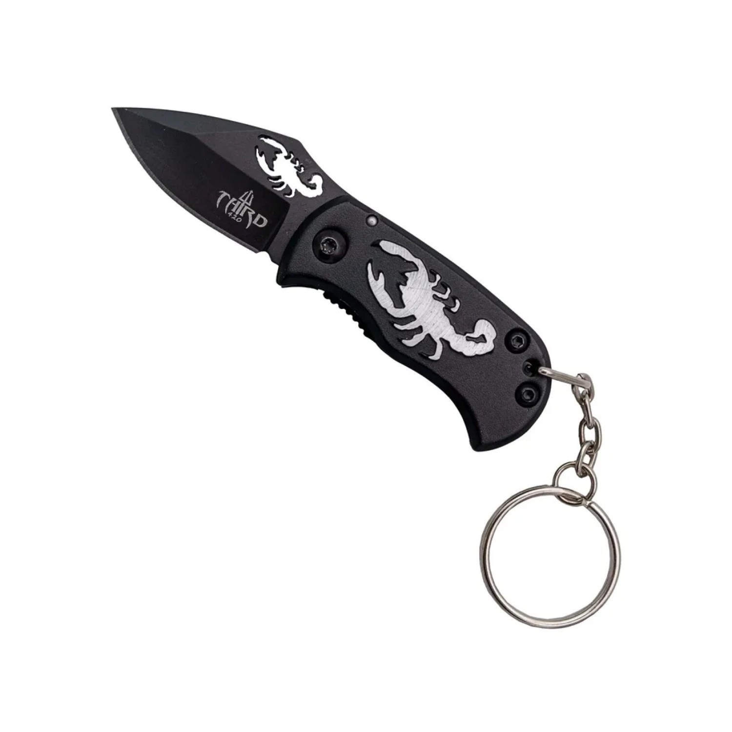 Taschenmesser Schwarz mit Scorpion Logo & Schlüsselanhänger Klingenlänge: 4 cm, Grifflänge 5cm, Gesamtlänge: ca.9 cm