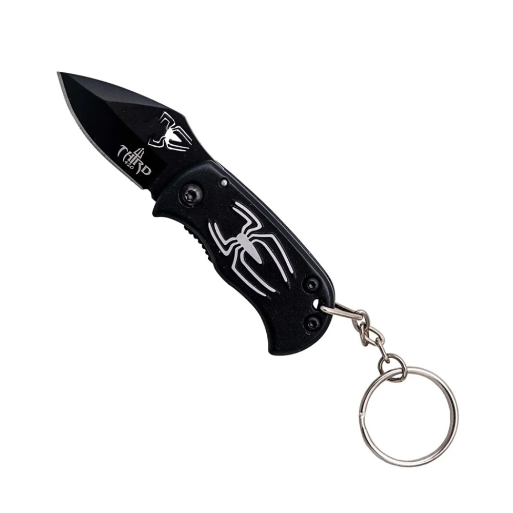 Taschenmesser Schwarz mit Spinne eingravierte druck  & Schlüsselanhänger | Klingenlänge: 4 cm, Grifflänge 5cm, Gesamtlänge: ca.9 cm