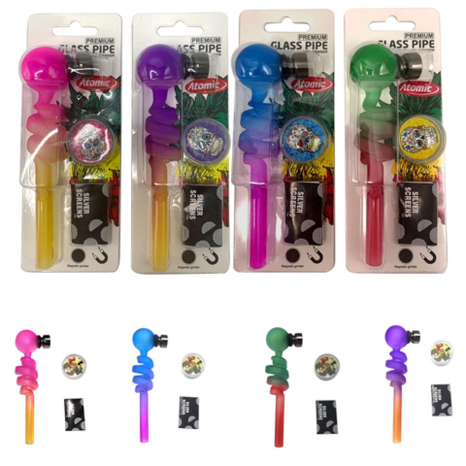 Glaspfeife Spirale Form Set mit Plastik Grinder.und 5er Siebe auf Blister in 4 Farben Glaspfeife Spirale Form Set mit Plastik Grinder.und 5er Siebe auf Blister in 4 Farben