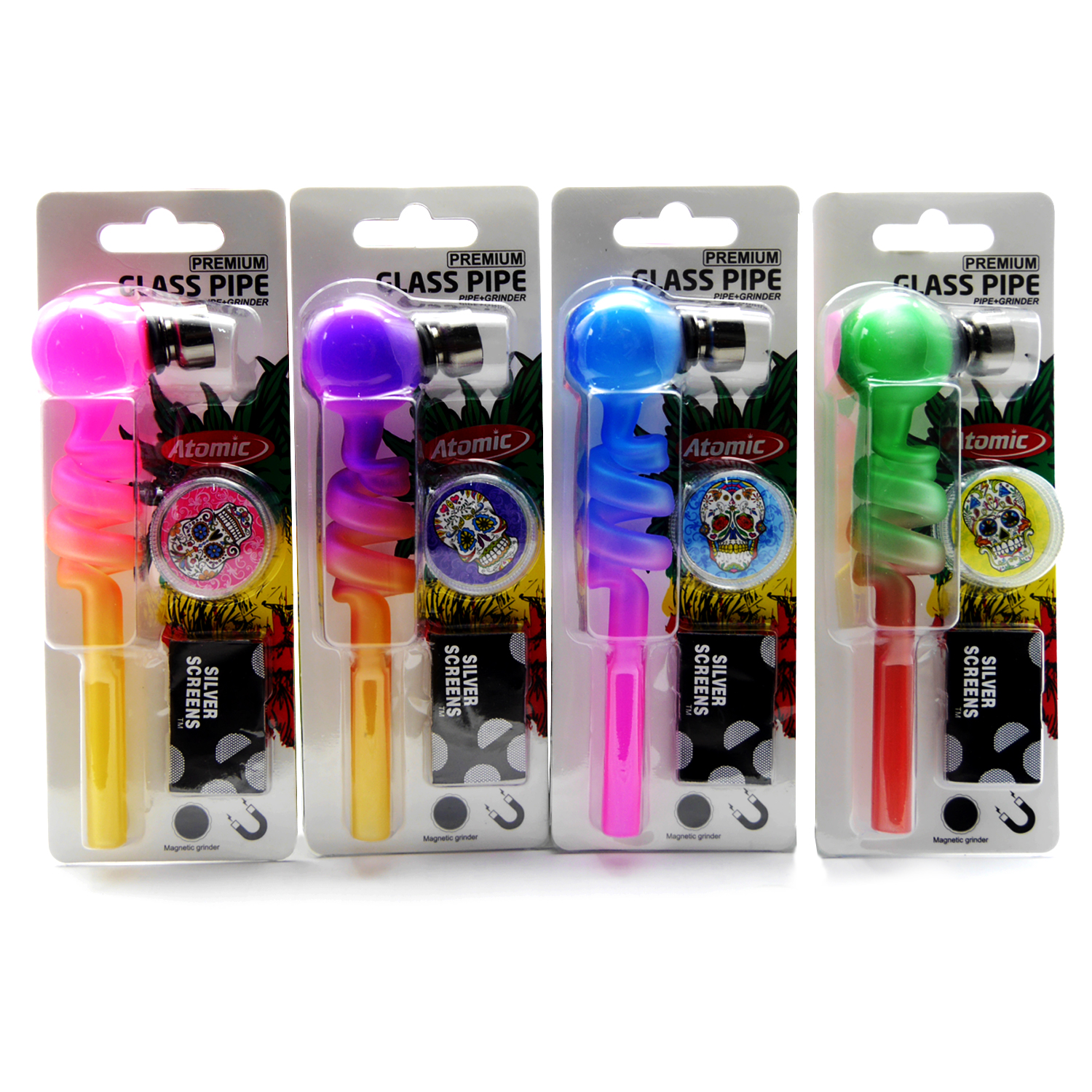 Glaspfeife Spirale Form Set mit Plastik Grinder.und 5er Siebe auf Blister in 4 Farben Glaspfeife Spirale Form Set mit Plastik Grinder.und 5er Siebe auf Blister in 4 Farben