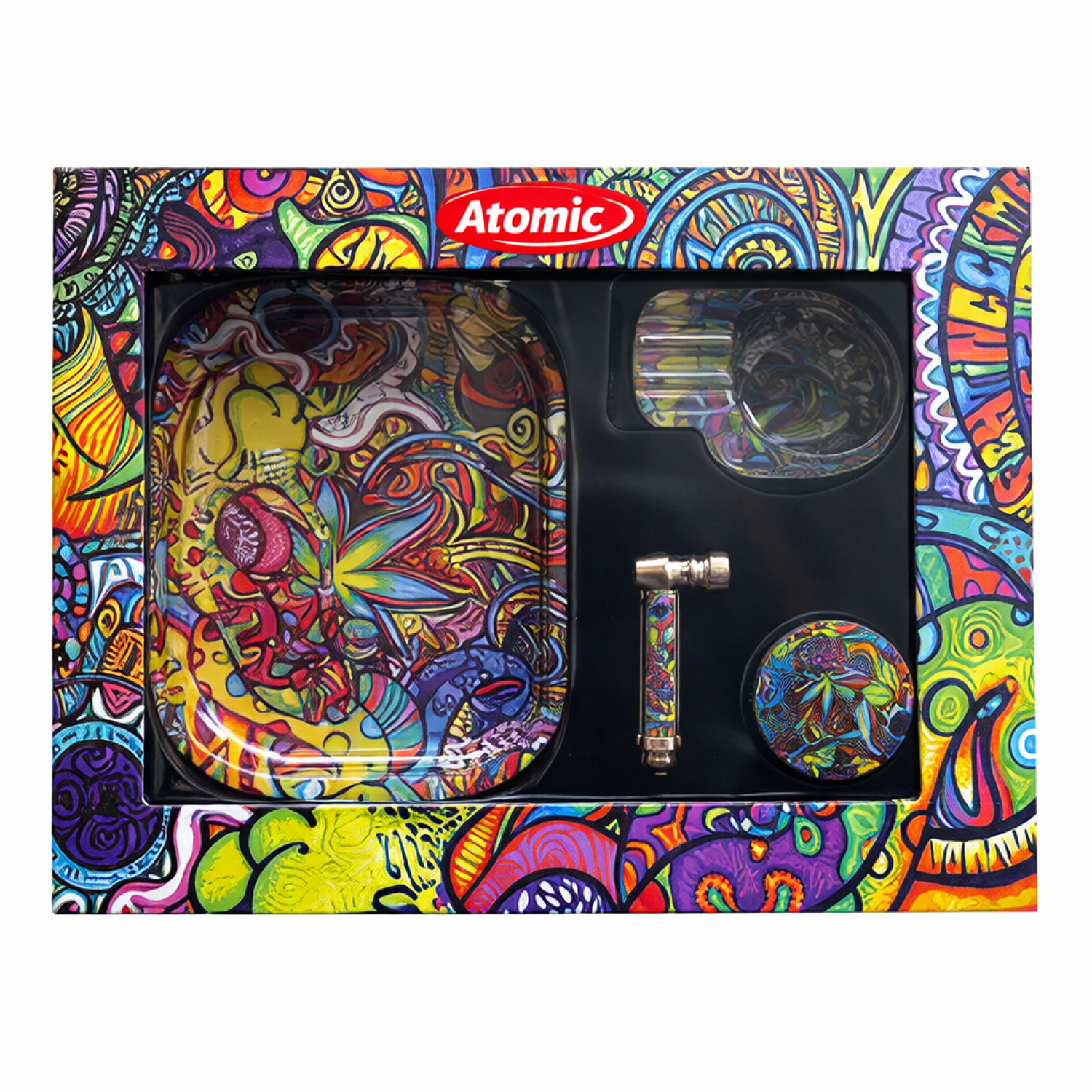 Metall Grinder 50mm mit Metall Pfeife 9cm, Aschenbecher aus Glas und Rolltablett aus Metall | 4er-Set, Graffiti-Design