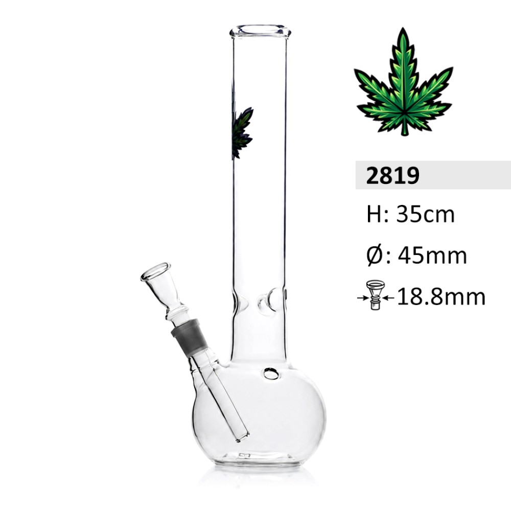 Glasbong mit Blatt-Logo und Eis | Höhe: 35 cm, Ø: 45mm, Schliff: 18,8 mm