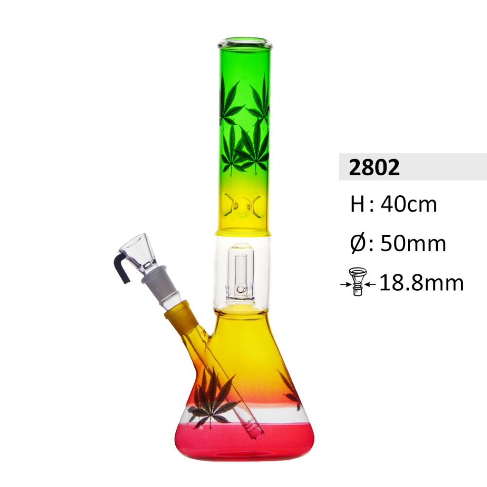 Glasbong mit konische Form, Perkolator und Eis | Rastafarben mit Blätterdekor | Höhe: 40 cm, Ø:50 mm, Schliff: 18,8 mm