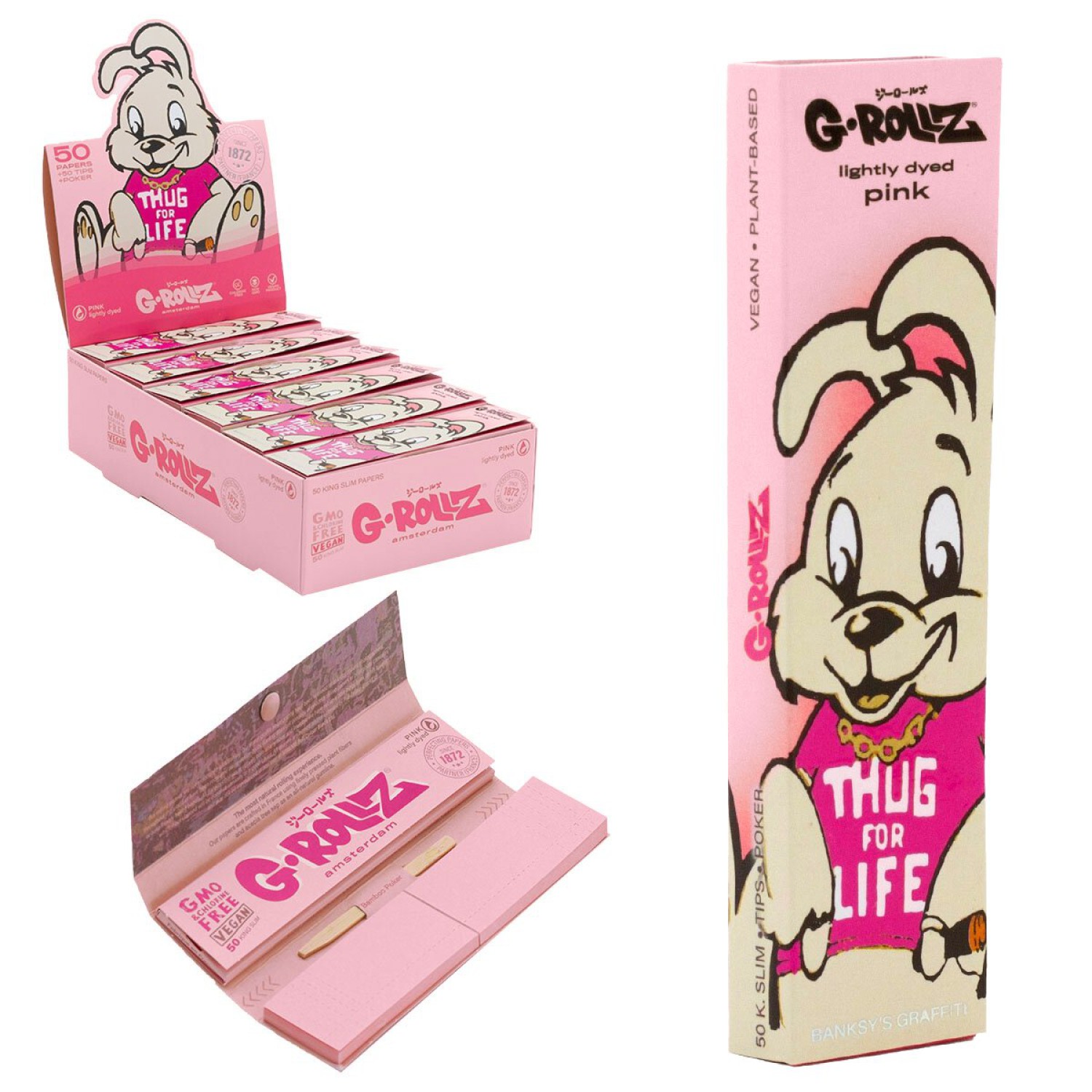 G-Rollz Banksy`s Graffiti "Thug For Life" Pink  50 KS Slim Paper+Tip 24er Display