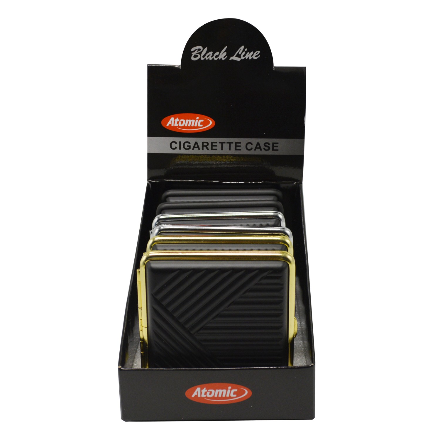 Zigaretten Etui Metall Black Line Gold, Silber & Schwarz mit Gummiband VE-6