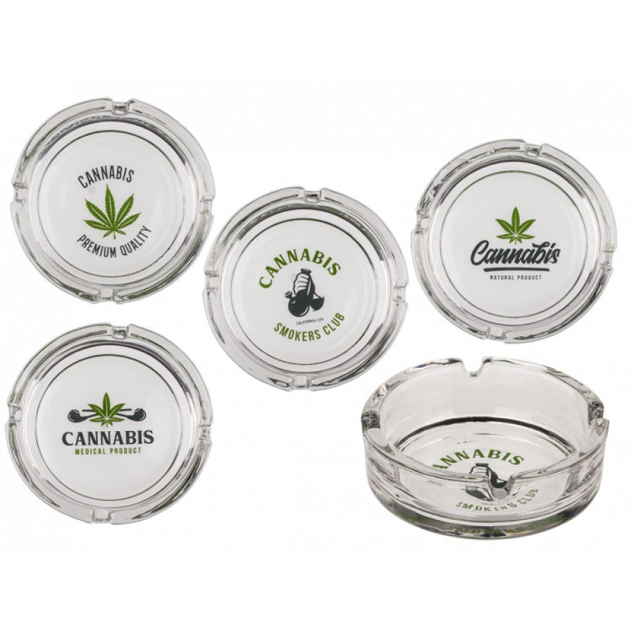 Glas-Aschenbecher Cannabis in 4-Desin sortiert Ø ca.10,5cm VE 8 Stück