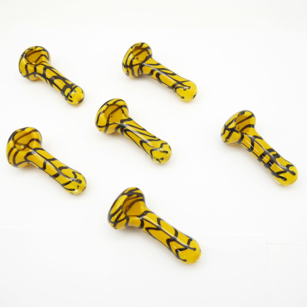 Glaspfeife gelb mit schw. lienen 10cm.mit Kickloch 6er Pack 