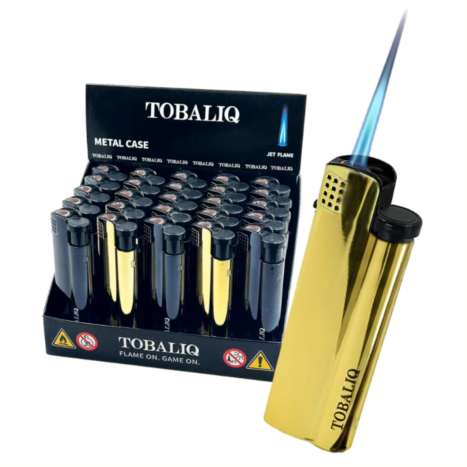Metall-Sturmfeuerzeug Schwarz/Gold mit Schwarzer Kappe, VE 25 Stück