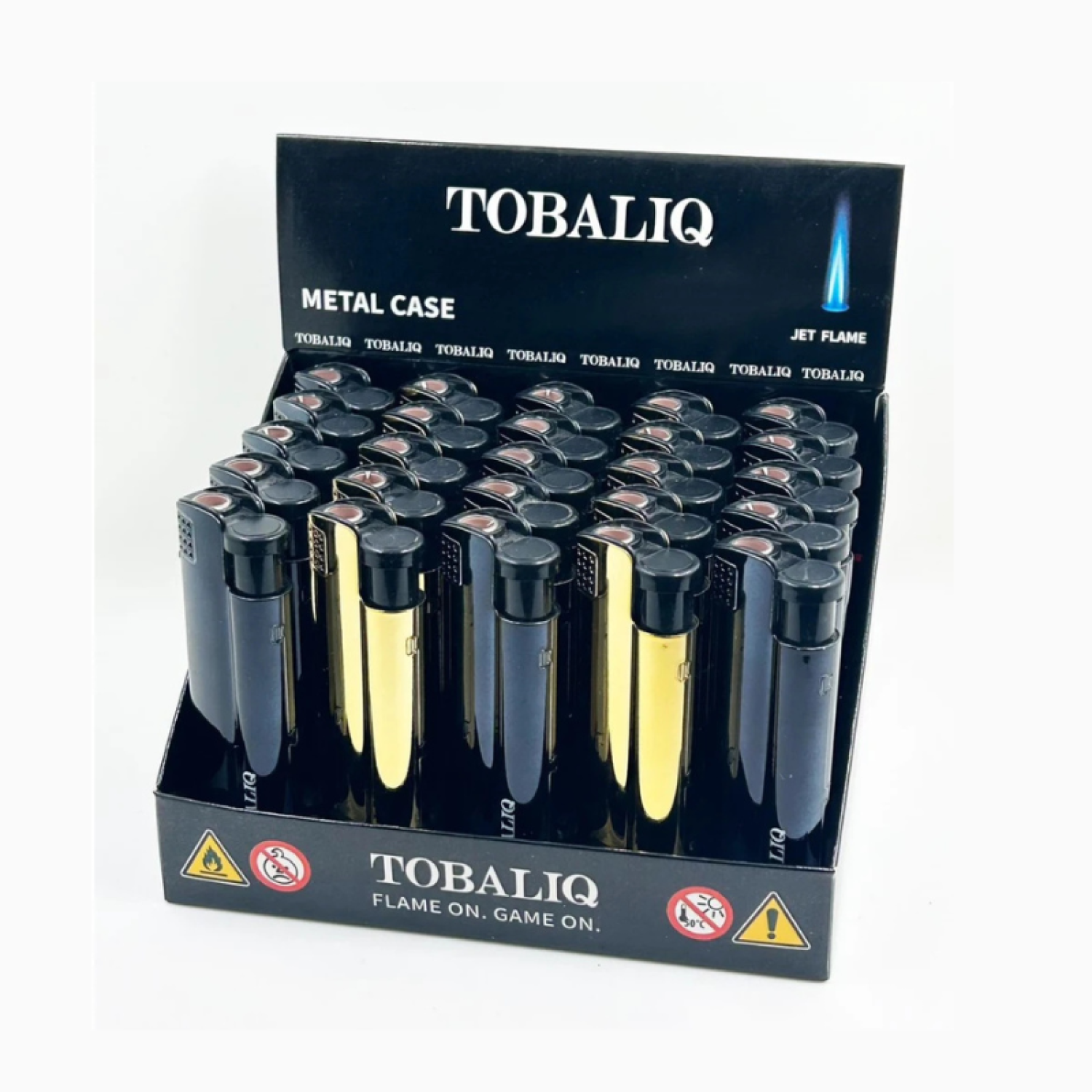 Metall-Sturmfeuerzeug Schwarz/Gold mit Schwarzer Kappe, VE 25 Stück
