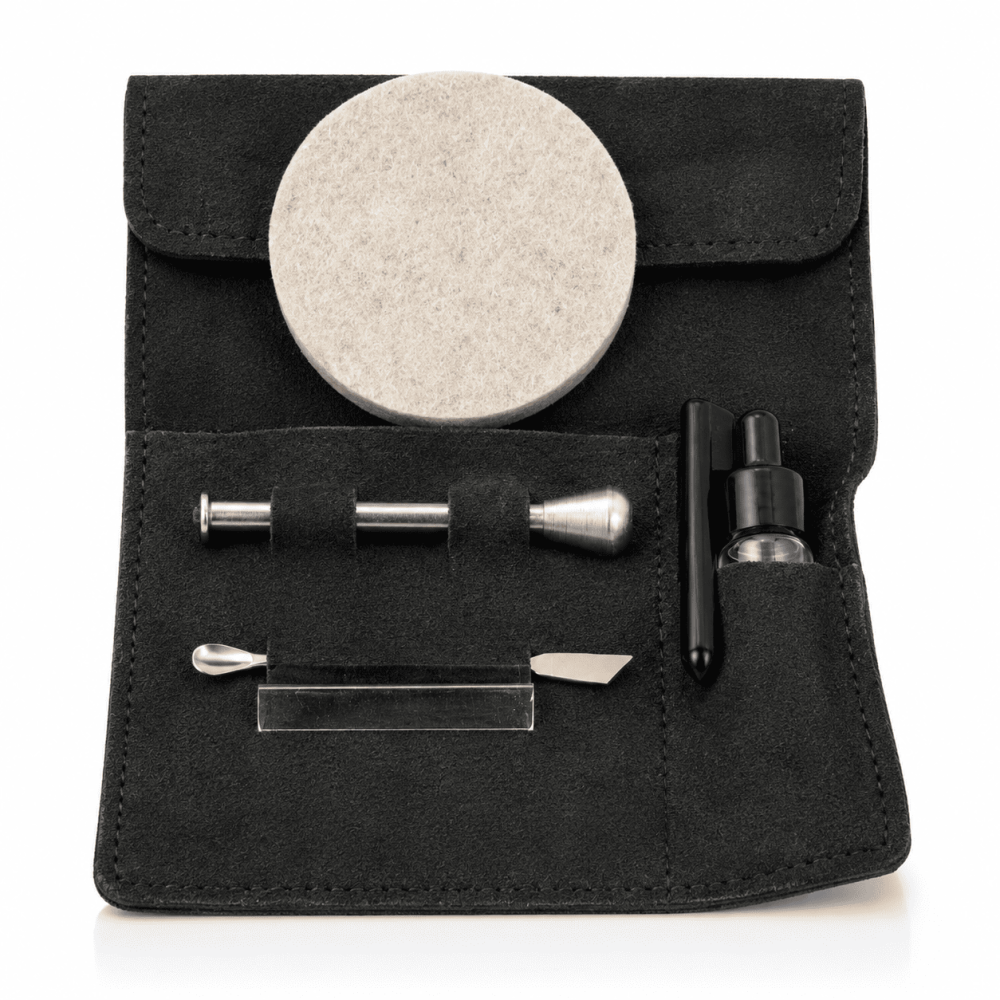 Kit im Lederetui Röhrchen, steinbrett+Löffel +flächen