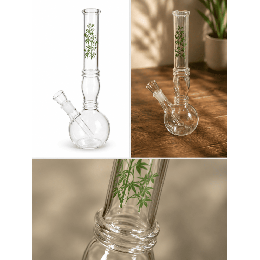 Bullet-Glasbong mit Bauch- und Mittelkugel plus Ringen, Hanfblätte | Höhe: 19 cm, Ø: 24 mm, Schliff: 14,5 mm