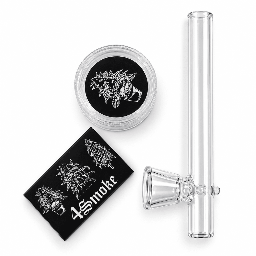 Set " 4 Smoke " Glas Kawum , Mini Plastik Grinder 30mm & 5er Päckchen Siebe  Auf Blister VE24