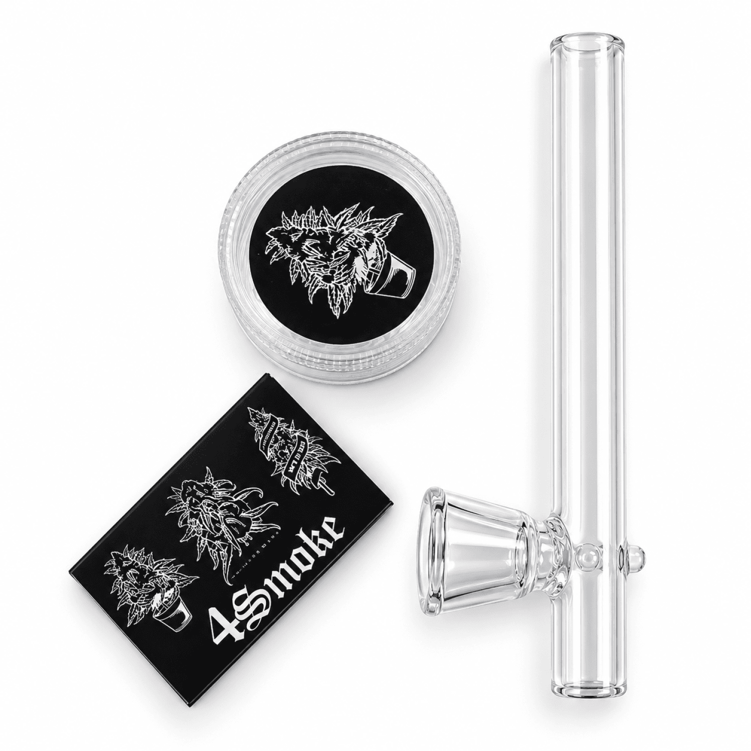 Set " 4 Smoke " Glas Kawum , Mini Plastik Grinder 30mm & 5er Päckchen Siebe  Auf Blister VE24