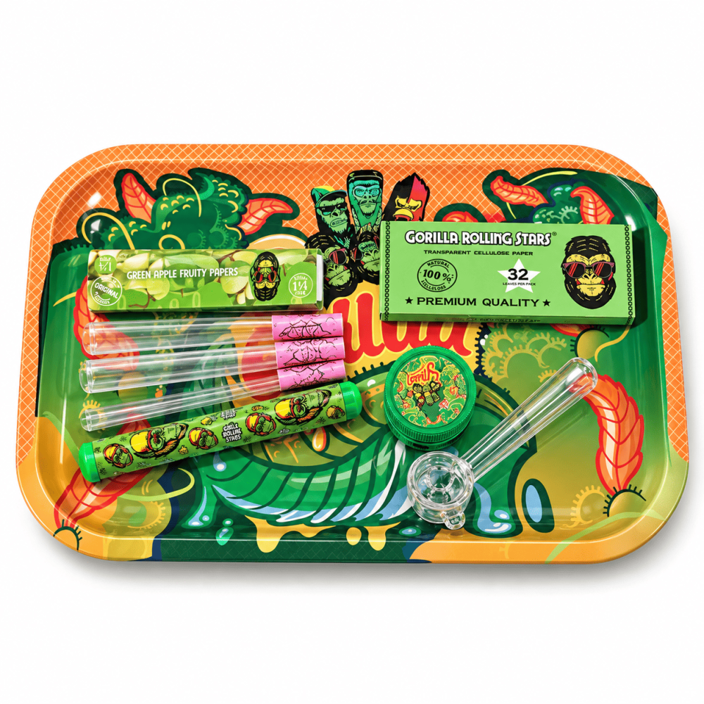 Rolling Tray Kit  Sativa - Joint Holder+ Paper Tip + Rolling Paper + Glass Kawum + Grinder + Preroll Cone + Tray 27 x 16cm