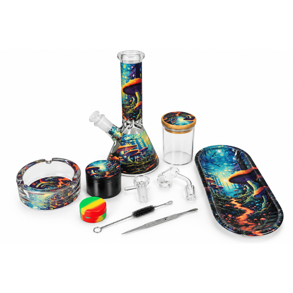 BONG SET Mushroom , 12 Teiler . Bong 20cm mit 2 Köpfe .Tray 9x18cm. Glas Ashtray 85mm.,Grinder46mm.4 Teiler. Bruste,Löffel für oil. Glas JAR & Pillen Dose.