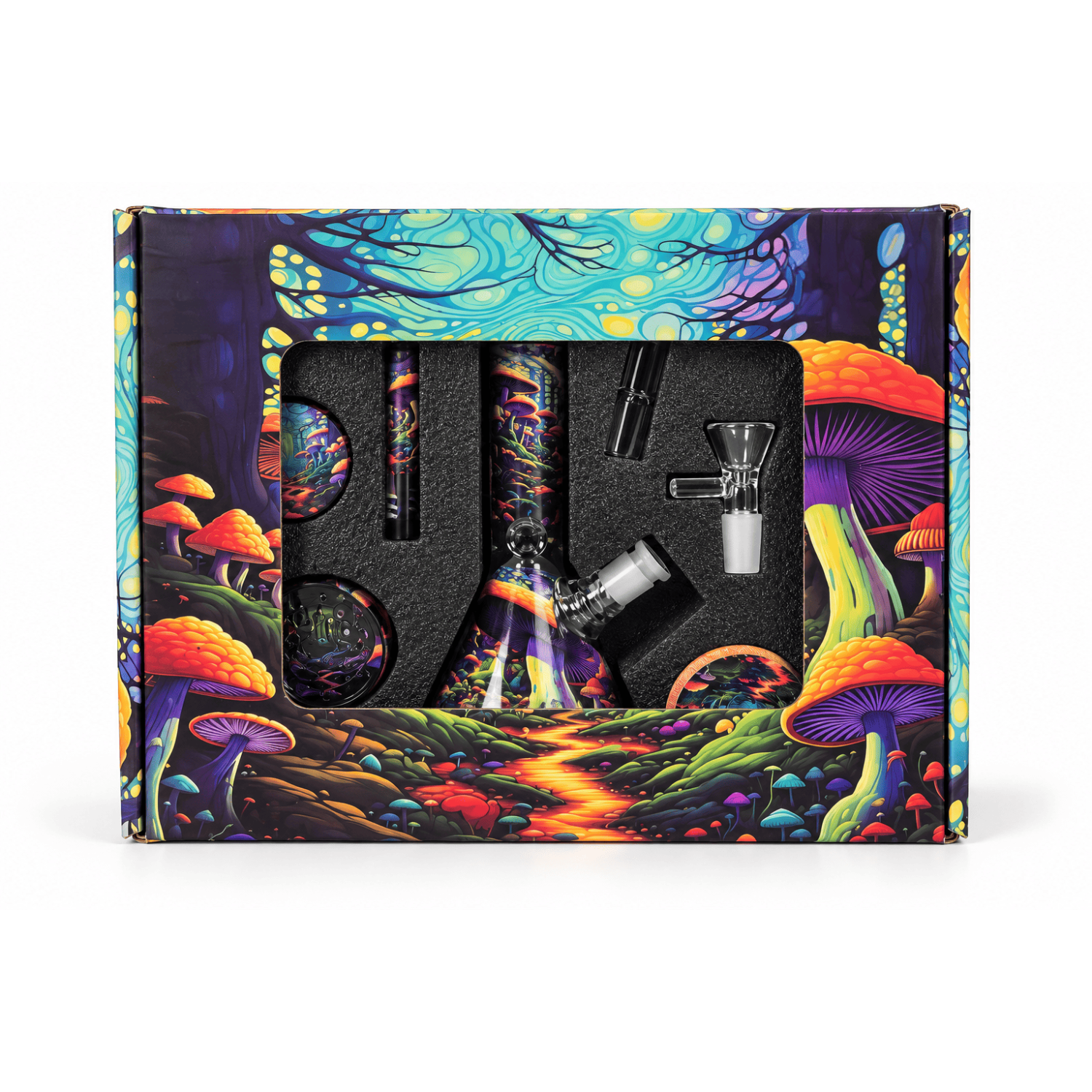 BONG SET Mushroom , 12 Teiler . Bong 20cm mit 2 Köpfe .Tray 9x18cm. Glas Ashtray 85mm.,Grinder46mm.4 Teiler. Bruste,Löffel für oil. Glas JAR & Pillen Dose.