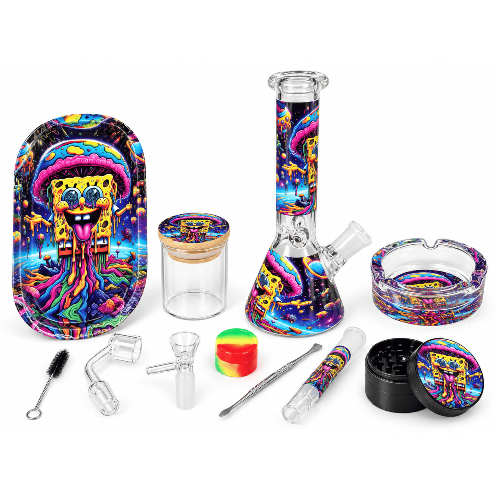 BONG SET mit Spongebob Mushroom  , 12 Teiler . Bong 20cm mit 2 Köpfe .Tray 9x18cm. Glas Ashtray 85mm.,Grinder46mm.4 Teiler. Bruste,Löffel für oil. Glas JAR & Pillen Dose