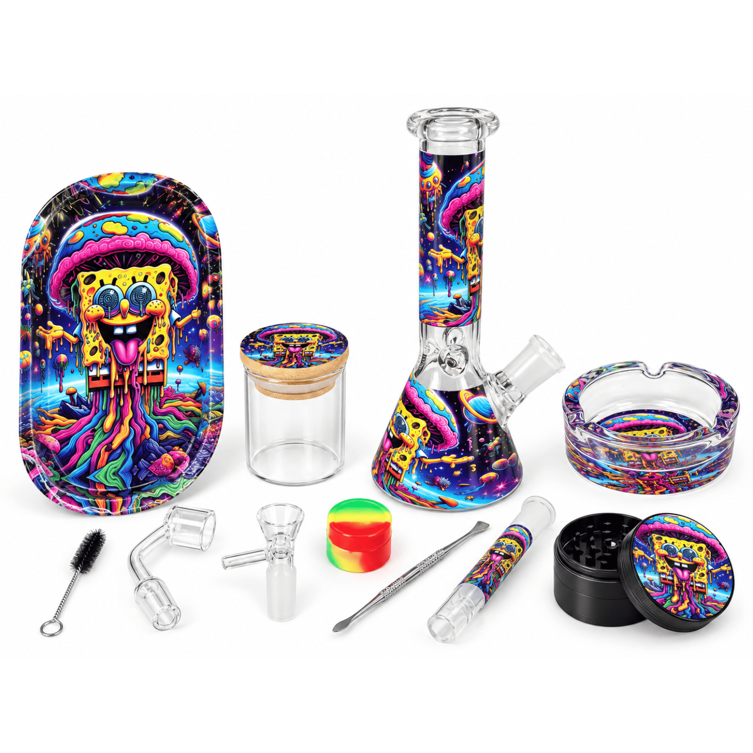 BONG SET mit Spongebob Mushroom  , 12 Teiler . Bong 20cm mit 2 Köpfe .Tray 9x18cm. Glas Ashtray 85mm.,Grinder46mm.4 Teiler. Bruste,Löffel für oil. Glas JAR & Pillen Dose