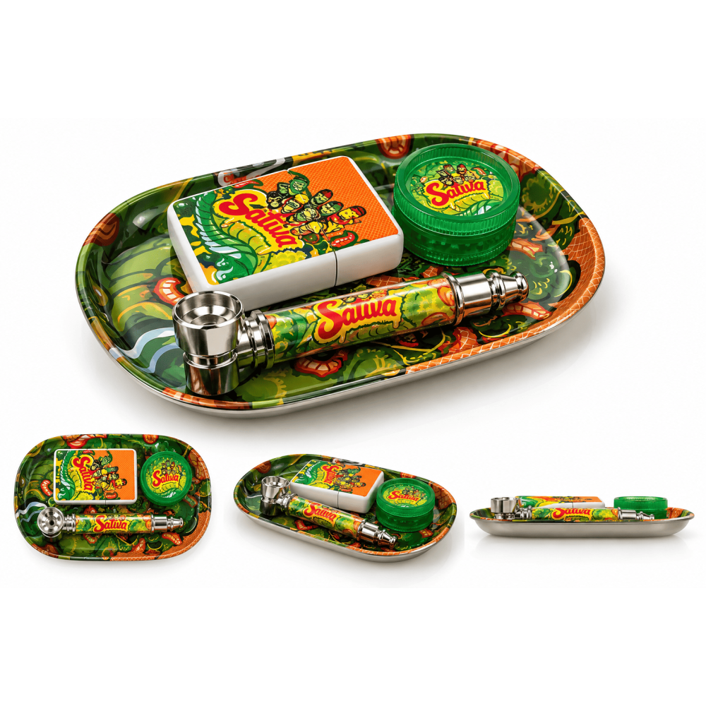Smoking Tray Kit  Sativa (4 in 1) Tray 14x8cm. +Feuerzeug +Grinder+metal Pfeife8,5cm.