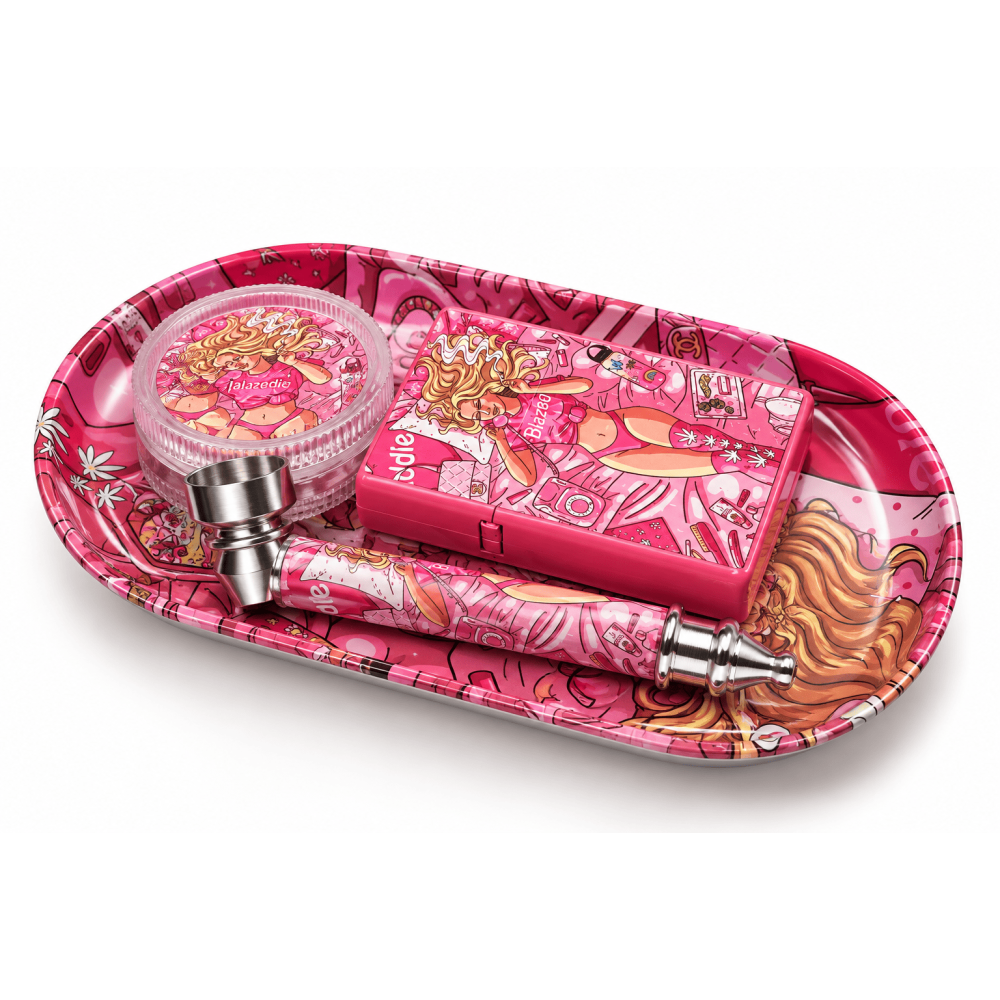 Smoking Tray Kit  In Pink(4 in 1) Tray 14x8cm. +Feuerzeug +Grinder+metal Pfeife8,5cm.