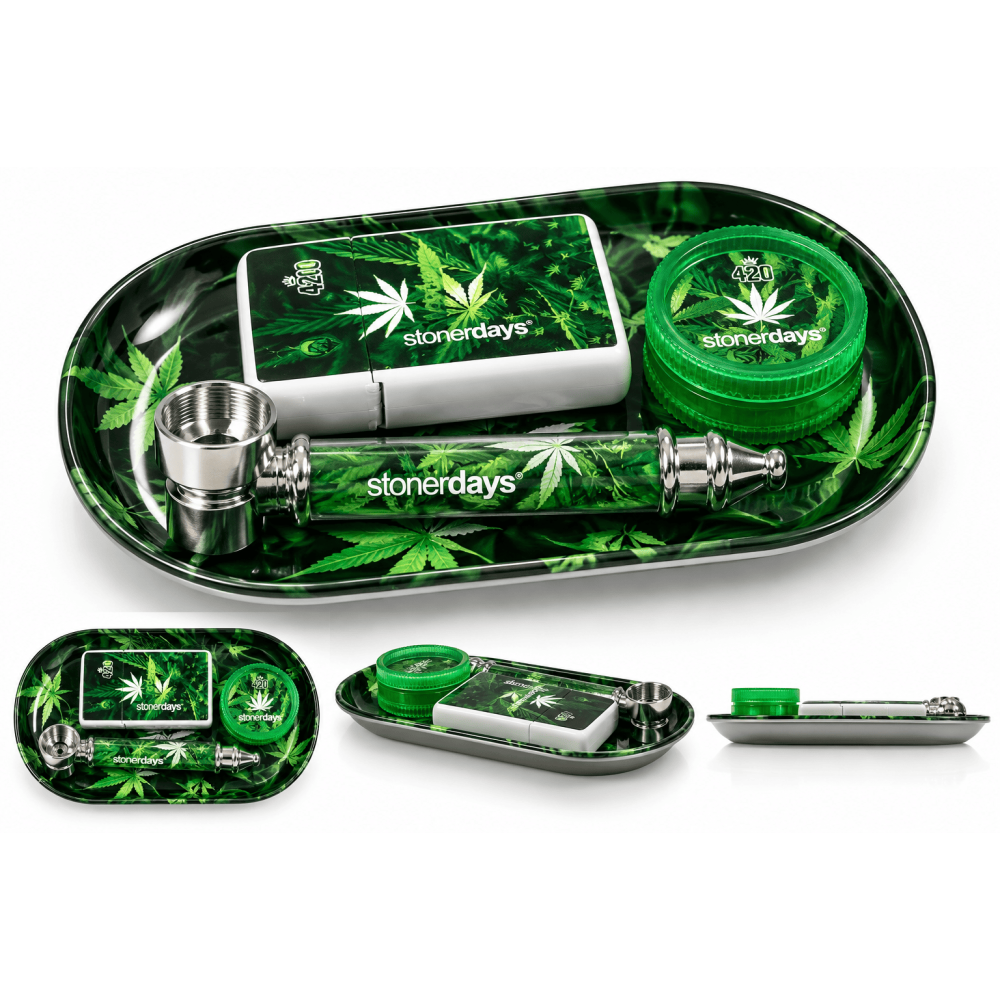 Smoking Tray Kit  Stonerdays (4 in 1) Tray 14x8cm. +Feuerzeug +Grinder+metal Pfeife8,5cm.