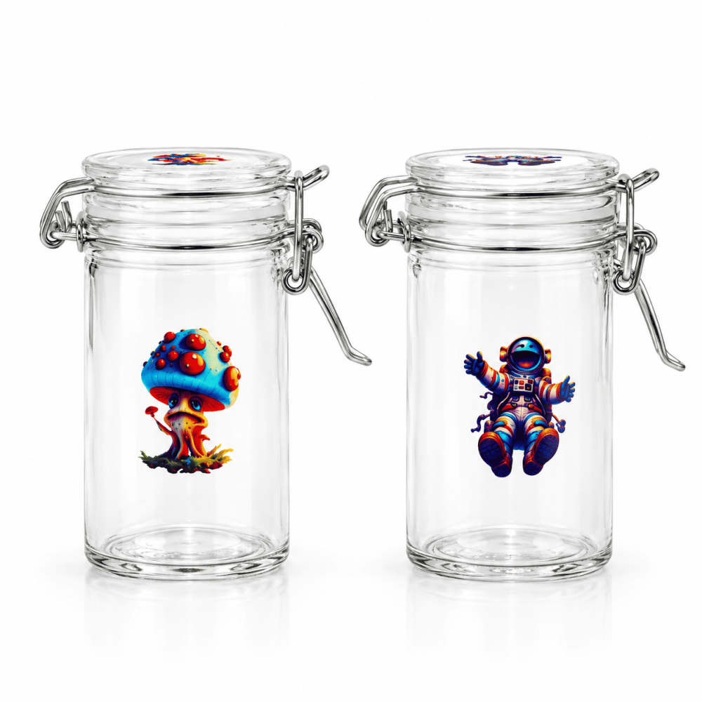 Glass Storage Jar  Air Tight,verschiedene Motiven ca. 4,x 8,5cm hoch 12er Box