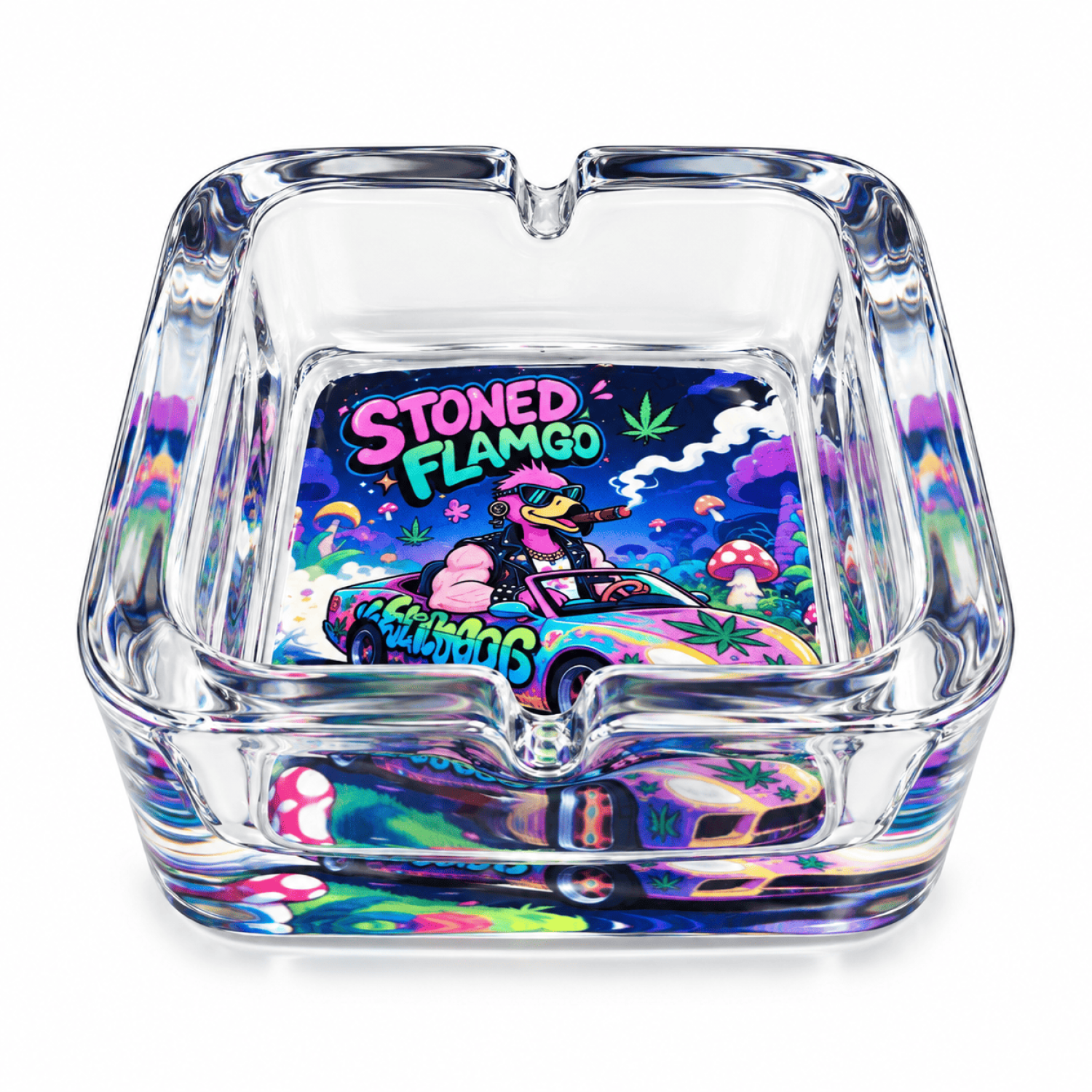 Glas Aschenbecher 4 eckiger  " Stoned Flamingo " Ø ca.9x9cm 6er box