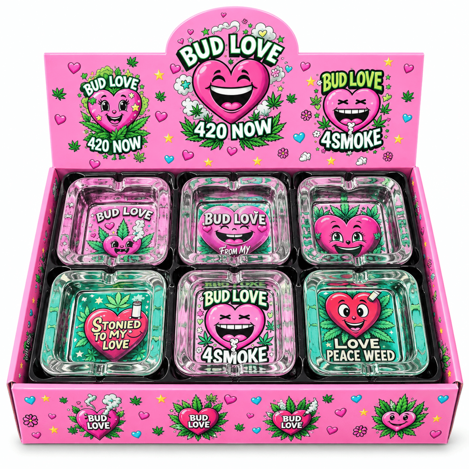 Glas Aschenbecher 4 eckige " BUD LOVE "Ø ca.9x9cm 6er box