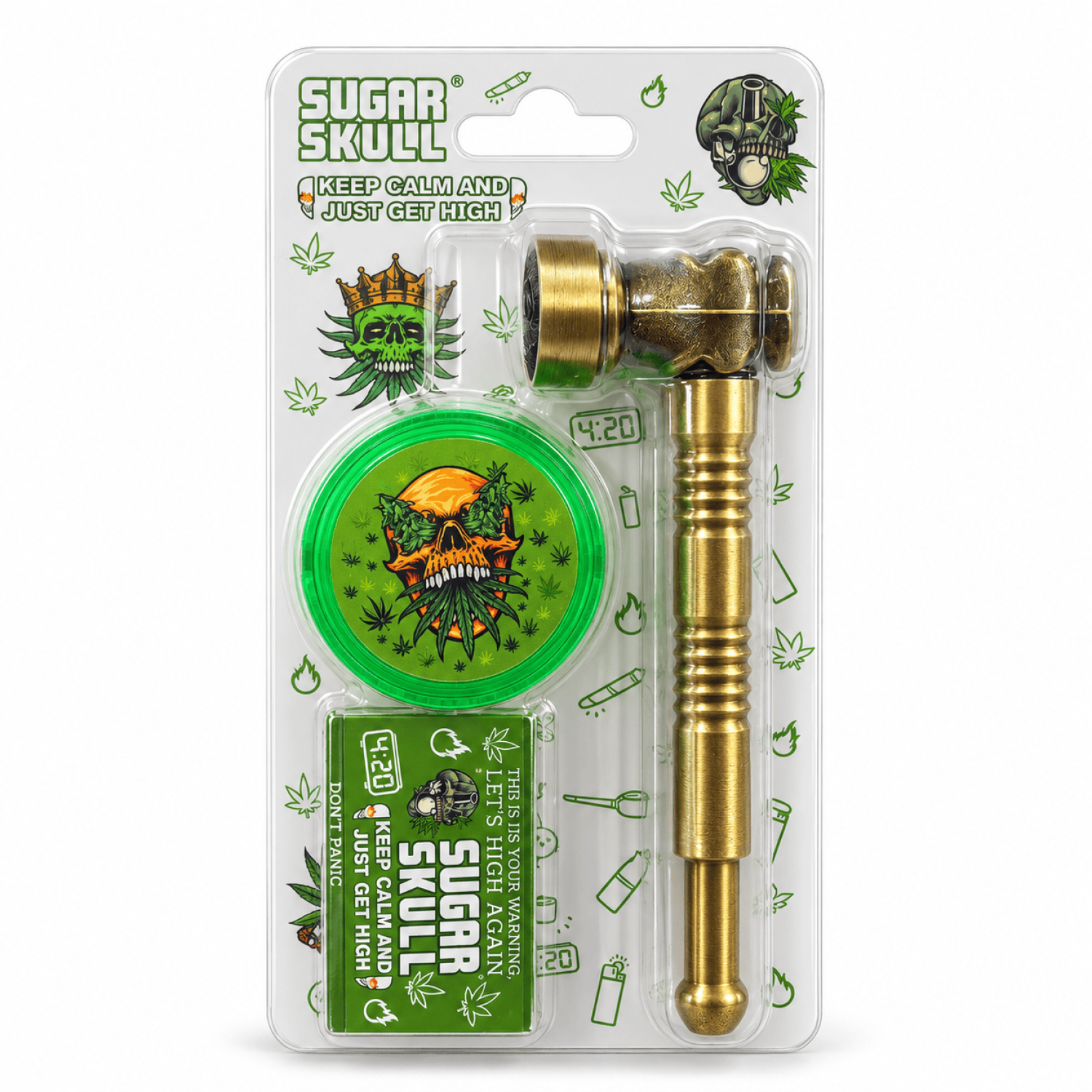 Smoking Pipe Kit - Metal Smoking Pipe + Plastic Grinder + Smoking Screen Various Designs 12er display box